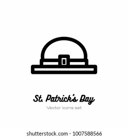 Saint Patricks day leprechaun hat, top hat vector icon. Black white line art flat icon for logo, sign, button. Minimalist st Patricks day menu, flyer, poster. Isolated Patrick leprechaun hat.