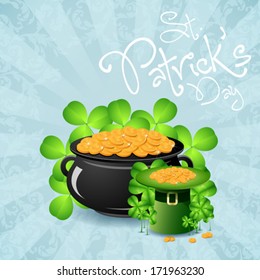 Saint Patrick's Day with Leprechaun Hat, Shamrock and Cauldron with Gold Coins