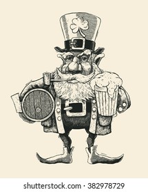 Saint Patrick's Day leprechaun with hat, beard, smoking pipe and pin of beer. engraved style. vector illustration