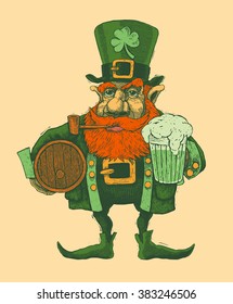 El día de San Patricio leprechaun con sombrero, barba, pipa de fumar y alfiler de cerveza. estilo grabado. ilustración vectorial