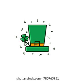 Saint Patrick's Day leprechaun hat decorated with shamrock plant. Flat color line icon of irish traditional head-dress on isolated background. 