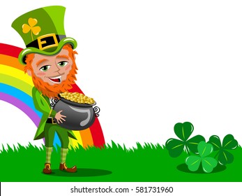 Saint Patricks Day Leprechaun Holding Pot of Gold frame isolated on white