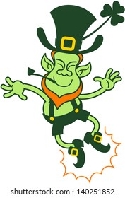 Saint Patrick's Day Leprechaun jumping and clapping his feet to show how proud and happy he is