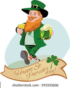 Saint Patrick's day. :Leprechaun with mug of ale and pot of gold coins. Cartoon character. 
