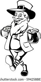 Saint Patrick's day. :Leprechaun with mug of ale and pot of gold coins. White black cartoon character. 
