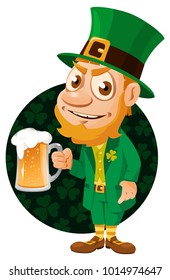 Saint Patrick's Day. Leprechaun with a pint of beer. Cartoon styled vector illustration. Elements is grouped. No transparent objects.