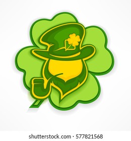 Saint Patricks Day leprechaun with pipe. Beard. Hat and clover. Irish modern face on green. Vector illustration