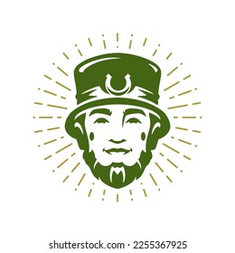 Saint Patrick's Day leprechaun portrait in hat with horseshoe smiling bearded male vintage icon vector flat illustration. Irish lucky troll Celtic culture fairy tale character head with bright rays