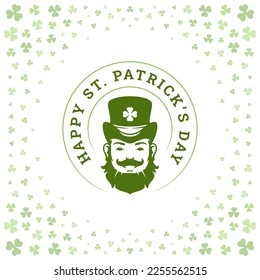 Saint Patrick's Day leprechaun portrait greeting social media post template vintage vector flat illustration. Celtic lucky troll hat circle frame green fortune clover shamrock decor design background