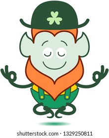 Saint Patrick's Day Leprechaun with red beard, pointy ears and folkloric hat, shorts and suspenders half-smiling, doing a Gyan mudra sign with both hands and floating while keeping in deep meditation