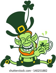 Saint Patrick's Day leprechaun smiling and running excitedly while holding a glass of beer with his hands