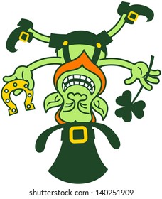 Saint Patrick's Day Leprechaun smiling, balancing upside down on his hat and holding a horseshoe and a shamrock clover
