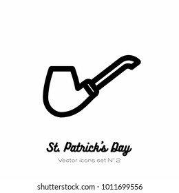 Saint Patricks day leprechaun smoke pipe, shamrock vector icon. Black white line art flat icon for logo, sign, button. Minimalist st Patricks day menu, flyer, poster. Isolated Patrick tobacco pipe.