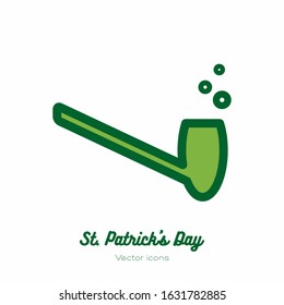 Saint Patricks day leprechaun smoke pipe, shamrock vector icon. Green line art flat icon for logo, sign, button. Minimalist st Patricks day menu, flyer, poster. Isolated Patrick tobacco pipe.