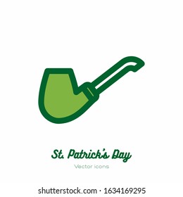 Saint Patricks day leprechaun smoke pipe, shamrock vector icon. Green line art flat icon for logo, sign, button. Minimalist st Patricks day menu, flyer, poster. Isolated Patrick tobacco pipe.