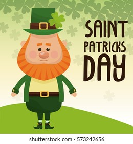 saint patricks day leprechaun standing with suit hat clover lettering poster