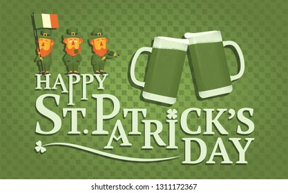 Saint Patrick's day. Leprechauns holding a flag and a violin on the background of a mug and four-leaf clovers pattern. Illustration for poster, banner or flyer. Vector illustration