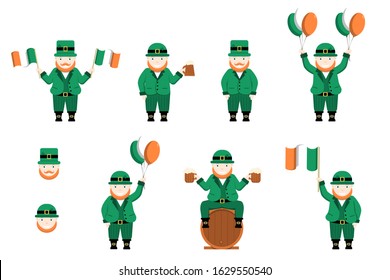 Saint Patricks Day leprechauns set. Cute flat designed leprechauns in different poses. Isolated vector illustration.