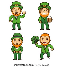 Saint Patricks Day leprechauns set. Cute cartoon elves in different poses. Isolated vector illustration.