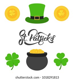 Saint Patrick's Day. Lettering, gold coins, clovers and cylinder hat. Set of elements for Patrick's Day.