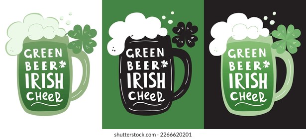 Saint Patrick's Day lettering 'Green beer Irish cheer' in shape of pint beer. Set of emblems of St Patrick's day. Hand drawn vector illustration