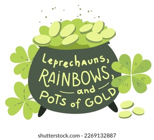 Leprechauns, arcos y macetas de oro, que se leen en el Día de San Patricio. Emblema del Día de San Patricio. Ilustración vectorial dibujada por mano