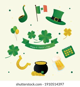 saint patricks day lettering in ribbon and set icons around vector illustration design