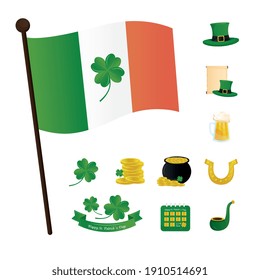 saint patricks day lettering in ribbon with ireland flag and set icons vector illustration design