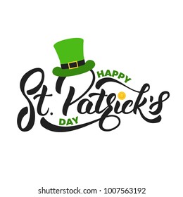 Saint Patrick's Day. Lettering St. Patrick's with gold coin and leprechaun hat. St. Patricks Day card