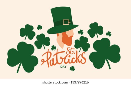 Saint Patrick's Day lettering typography with cloverleaf decor. Irishman with a red beard in a green holiday hat. Ireland traditional holiday. Party poster, banner, greeting card or background. Vector