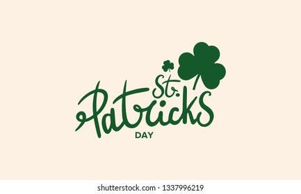 Saint Patrick's Day lettering typography with cloverleaf decor. Ireland traditional holiday. Party poster, banner, greeting card or background. Vector illustration