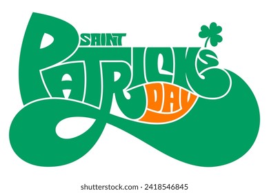 Grabado del día de San Patricio con diseño de tipografía vintage en verde y naranja de shamrock. Estilo de texto retro groovy para el afiche del festival cultural, volante del desfile, pegatina, camiseta, funda de almohada.