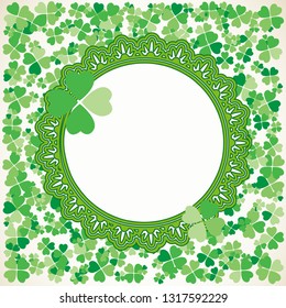 Saint Patrick's Day light ornate round vector frame with small green four-leaf clover shamrock leaves. Irish festival celebration greeting card design background. Nature floral spring backdrop.