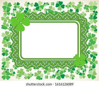 Saint Patrick's Day light ornate vector frame with small green four-leaf clover shamrock leaves. Irish festival celebration greeting card design background. Nature floral spring backdrop.