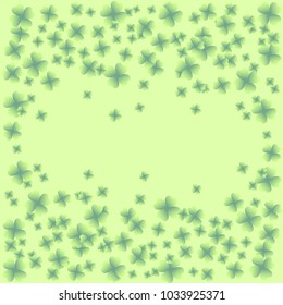 Saint Patrick's Day light vector frame with small green four-leaf clover shamrock leaves. Irish festival celebration greeting card design background. Nature floral spring backdrop.