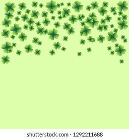 Saint Patrick's Day light vector frame with small green four-leaf clover shamrock leaves. Irish festival celebration greeting card design background. Nature floral spring backdrop.