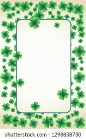 Saint Patrick's Day light vector frame with small green four-leaf clover shamrock leaves. Irish festival celebration greeting card design background. Nature floral spring backdrop.