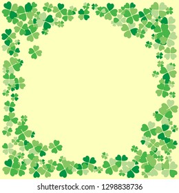 Saint Patrick's Day light vector frame with small green four-leaf clover shamrock leaves. Irish festival celebration greeting card design background. Nature floral spring backdrop.