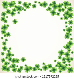 Saint Patrick's Day light vector frame with small green four-leaf clover shamrock leaves. Irish festival celebration greeting card design background. Nature floral spring backdrop.