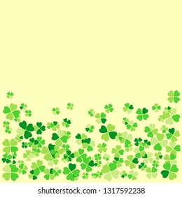 Saint Patrick's Day light vector frame with small green four-leaf clover shamrock leaves. Irish festival celebration greeting card design background. Nature floral spring backdrop.