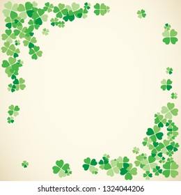 Saint Patrick's Day light vector frame with small green four-leaf clover shamrock leaves. Irish festival celebration greeting card design background. Nature floral spring backdrop.
