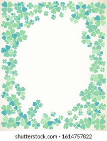 Saint Patrick's Day light vector frame with small green four-leaf clover shamrock leaves. Irish festival celebration greeting card design background. Nature floral spring backdrop.