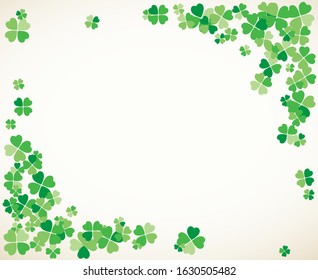 Saint Patrick's Day light vector frame with small green four-leaf clover shamrock leaves. Irish festival celebration greeting card design background. Nature floral spring backdrop.