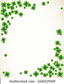 Saint Patrick's Day light vector frame with small green four-leaf clover shamrock leaves. Irish festival celebration greeting card design background. Nature floral spring backdrop.