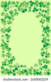 Saint Patrick's Day light vector frame with small green four-leaf clover shamrock leaves. Irish festival celebration greeting card design background. Nature floral spring backdrop.
