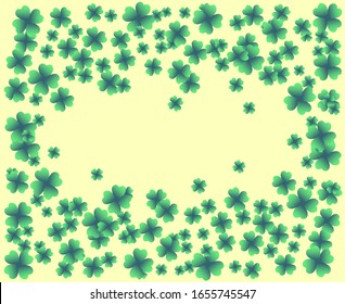 Saint Patrick's Day light vector frame with small green four-leaf clover shamrock leaves. Irish festival celebration greeting card design background. Nature floral spring backdrop.