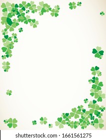 Saint Patrick's Day light vector frame with small green four-leaf clover shamrock leaves. Irish festival celebration greeting card design background. Nature floral spring backdrop.