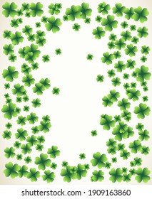 Saint Patrick's Day light vector frame with small green four-leaf clover shamrock leaves. Irish festival celebration greeting card design background. Nature floral spring backdrop.