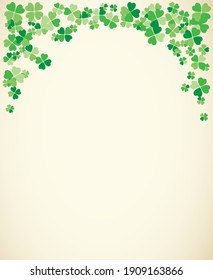 Saint Patrick's Day light vector frame with small green four-leaf clover shamrock leaves. Irish festival celebration greeting card design background. Nature floral spring backdrop.