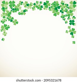 Saint Patrick's Day light vector frame with small green four-leaf clover shamrock leaves. Irish festival celebration greeting card design background. Nature floral spring backdrop.